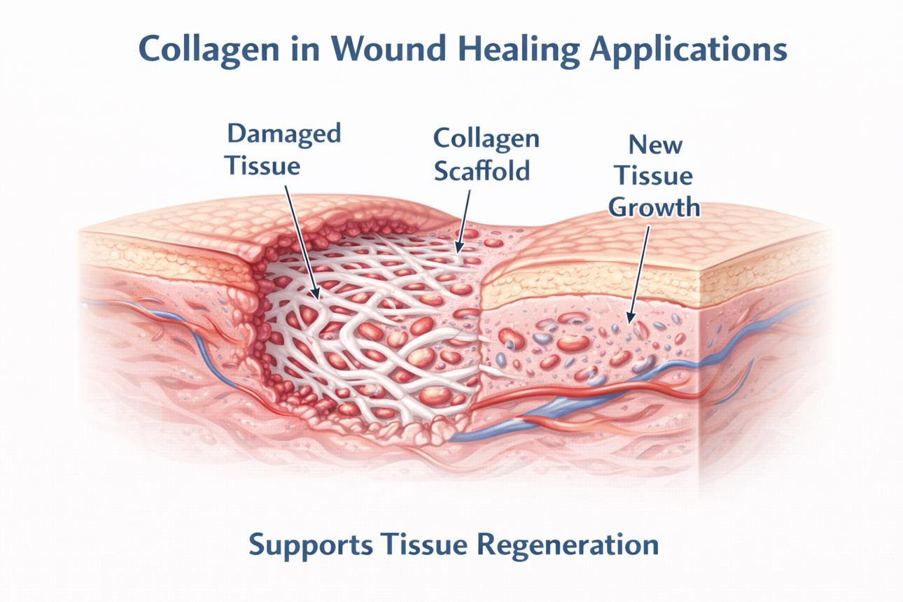 Collagen scaffold in wound healing — damaged tissue, scaffold, new tissue growth